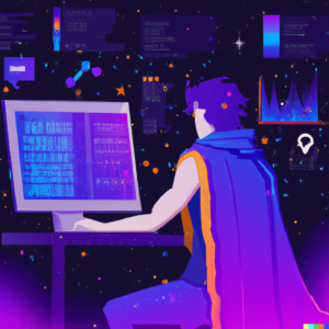 Una persona con capa de superhéroe sentada frente a una pantalla de computadora. La imagen tiene un estilo futurista, se ven números y gráficos fundidos con el fondo.