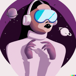 Ilustración de una mujer con gafas de realidad aumentada y auriculares con un fondo estrellado y planetas