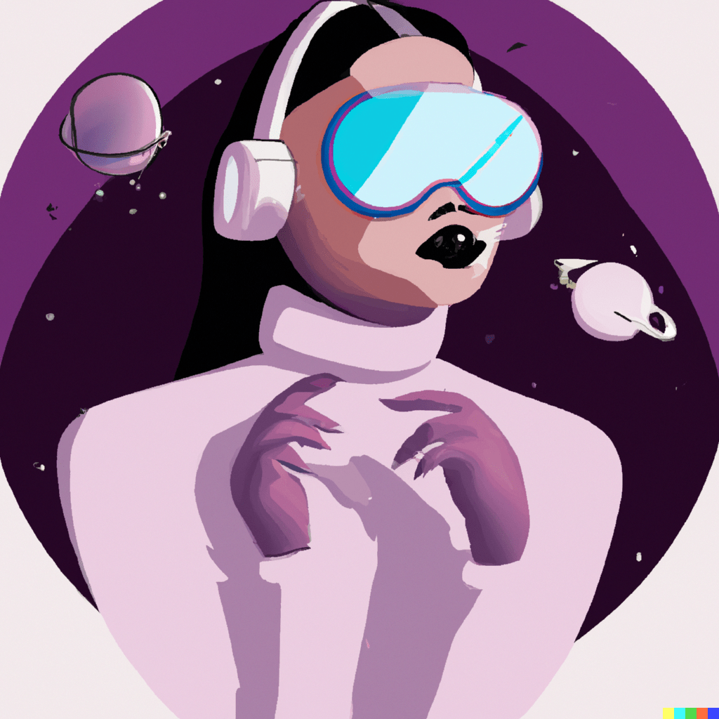 Ilustración de una mujer con gafas de realidad aumentada y auriculares con un fondo estrellado y planetas