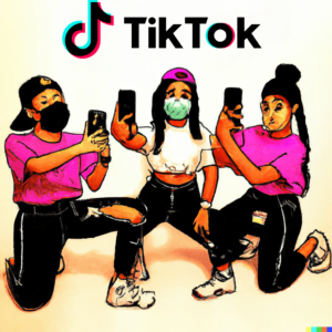 Tres jóvenes con ropas urbanas posan frente a sus celulares como si filmaran trends de tiktok