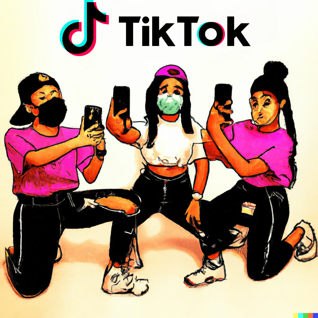 Tres jóvenes con ropas urbanas posan frente a sus celulares como si filmaran trends de tiktok