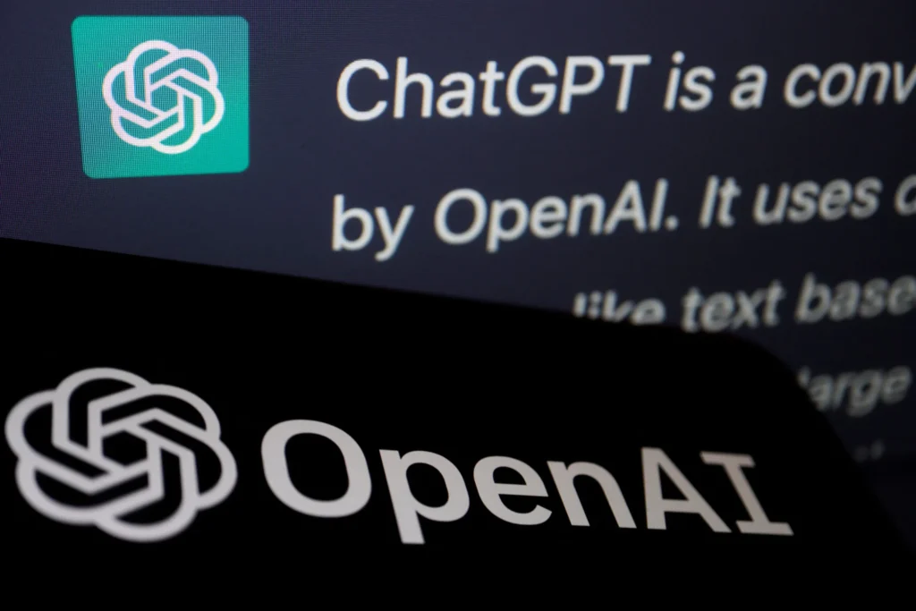 Open Ai logo, with the words ChatGPT by Open AI