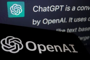 Open Ai logo, with the words ChatGPT by Open AI
